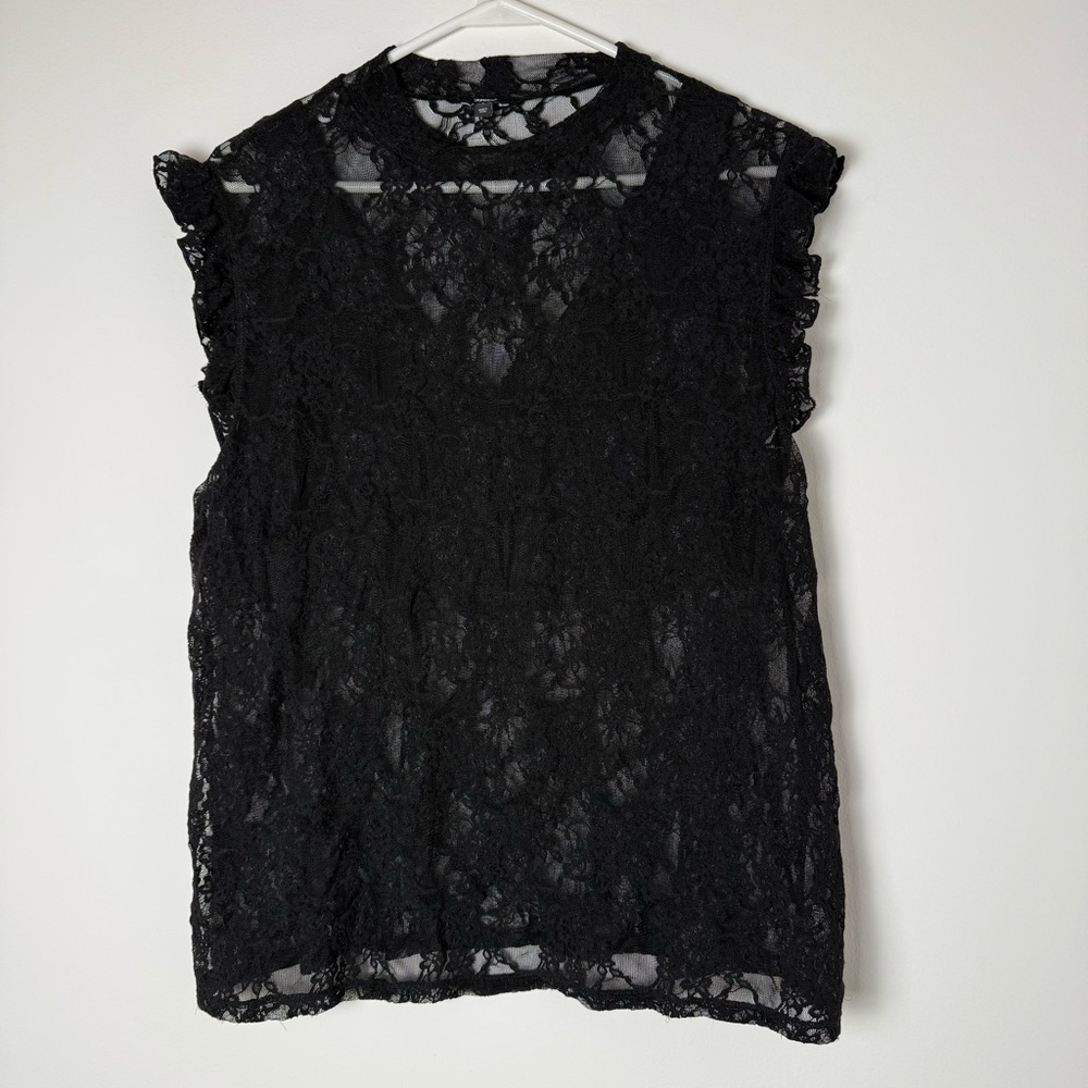 Express Black Lace Ruffle Sleeveless Top with Built-in Bra Nylon Blend